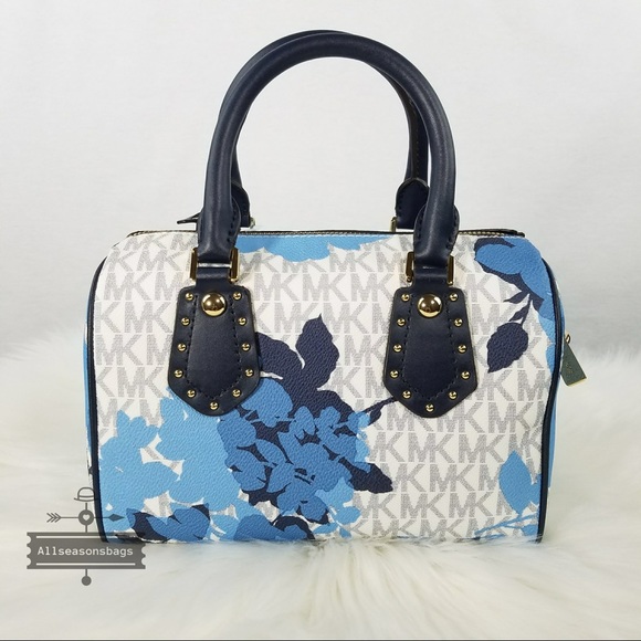 Michael Kors Mk Small Aria Satchel Floral Navy Bag - Picture 5 of 8